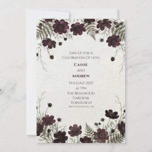 Dark Burgundy Cosmos Fern Floral Wedding Invitation