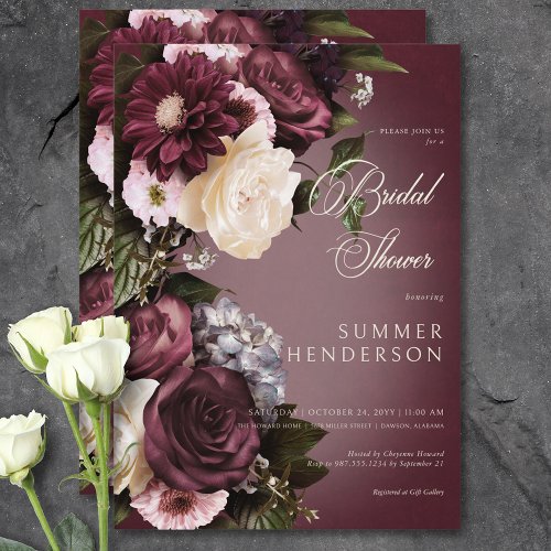 Dark Burgundy  Cream Blur Floral Bridal Shower Invitation