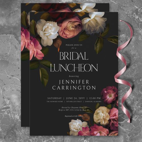 Dark Burgundy  Cream Peonies Black Bridal Lunch Invitation