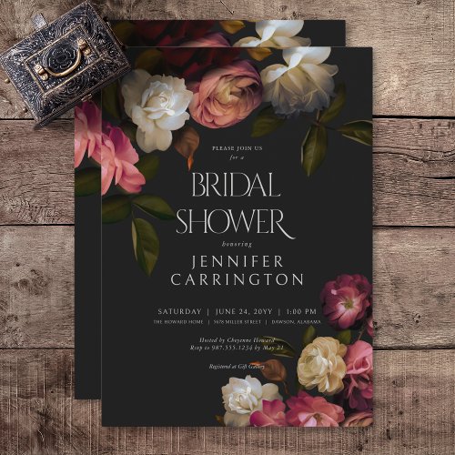 Dark Burgundy  Cream Peonies Black Bridal Shower Invitation