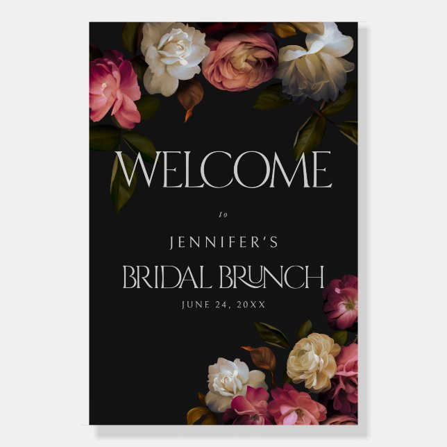 Dark Burgundy & Cream Peonies Black Brunch Welcome Foam Board (Front)
