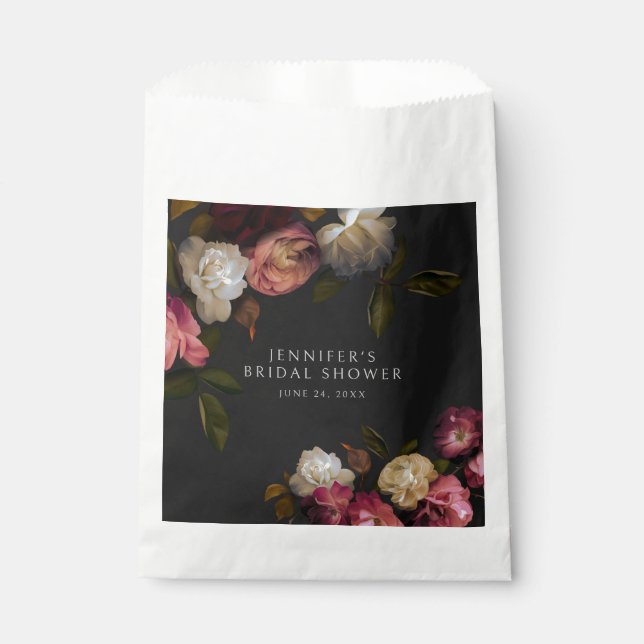 Dark Burgundy & Cream Peonies Black Shower Favor Bag (Front)
