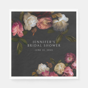Dark Burgundy & Cream Peonies Black Shower Napkins