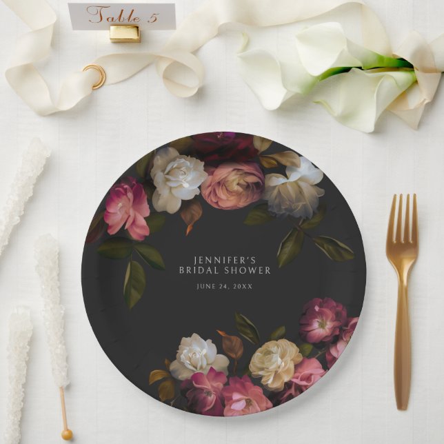 Dark Burgundy & Cream Peonies Black Shower Paper Plates (Wedding)