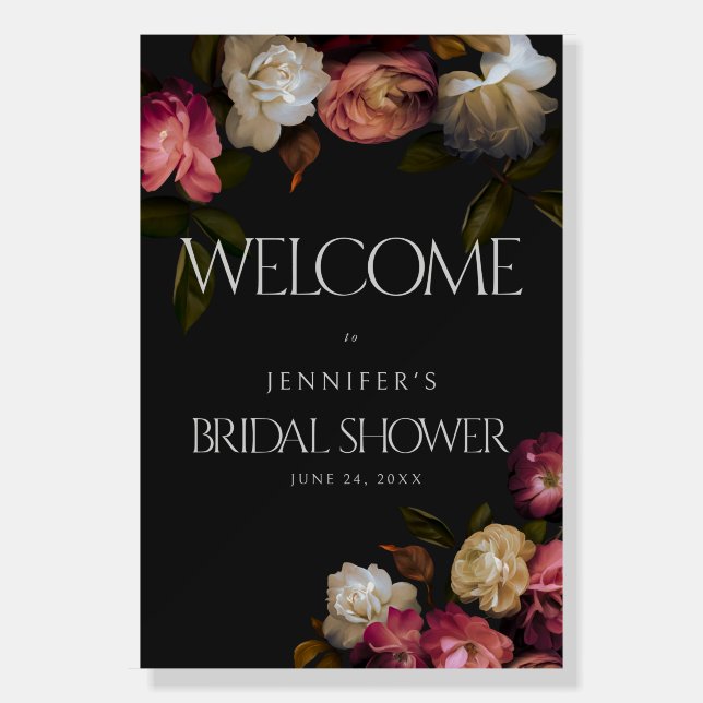 Dark Burgundy & Cream Peonies Black Shower Welcome Foam Board (Front)