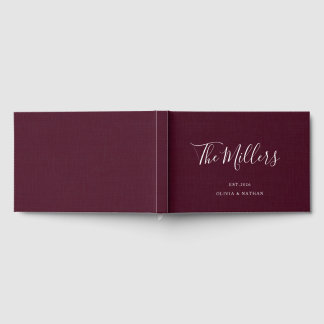 Dark Burgundy Faux Linen Elegant Script Wedding Guest Book