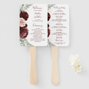 Dark Burgundy Floral Greenery Wedding Program Hand Fan