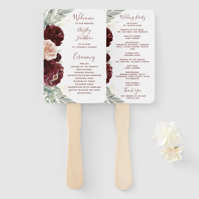 Dark Burgundy Floral Greenery Wedding Program Hand Fan (Front and Back)