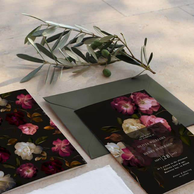 Dark Burgundy Floral Moody Black Elegant Romantic Invitation (Creator Uploaded)