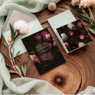Dark Burgundy Floral Moody Black Elegant Romantic Invitation