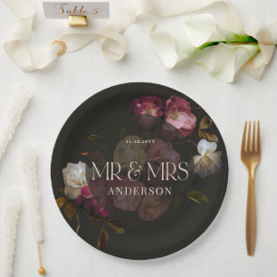 Dark Burgundy Floral Moody Black Elegant Romantic Paper Plates