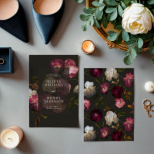 Dark Burgundy Floral Moody Black Elegant Romantic Save The Date