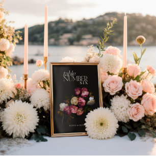 Dark Burgundy Floral Moody Black Elegant Romantic Table Number
