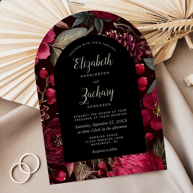Dark Burgundy Floral Pinecone Pattern Arch Wedding Invitation (Creator Uploaded)