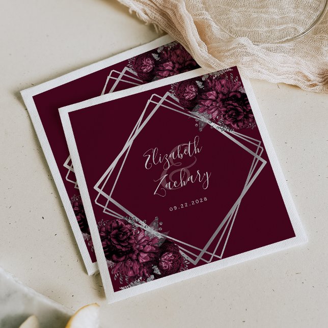 Dark Burgundy Floral Silver Geometric Wedding Napkins (Creator Uploaded)