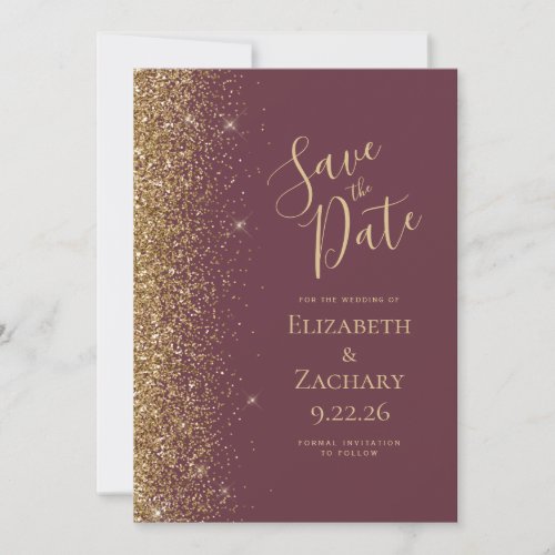 Dark Burgundy Gold Glitter Edge Save the Date Announcement