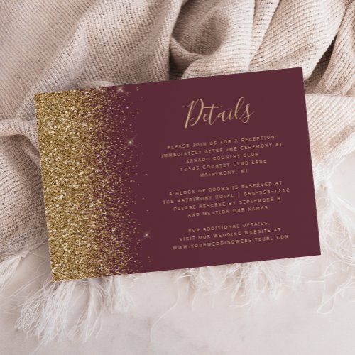 Dark Burgundy Gold Glitter Edge Wedding Details Enclosure Card