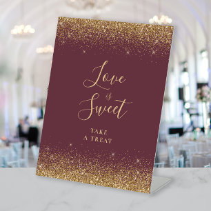 Dark Burgundy Gold Glitter Wedding Love Is Sweet Pedestal Sign
