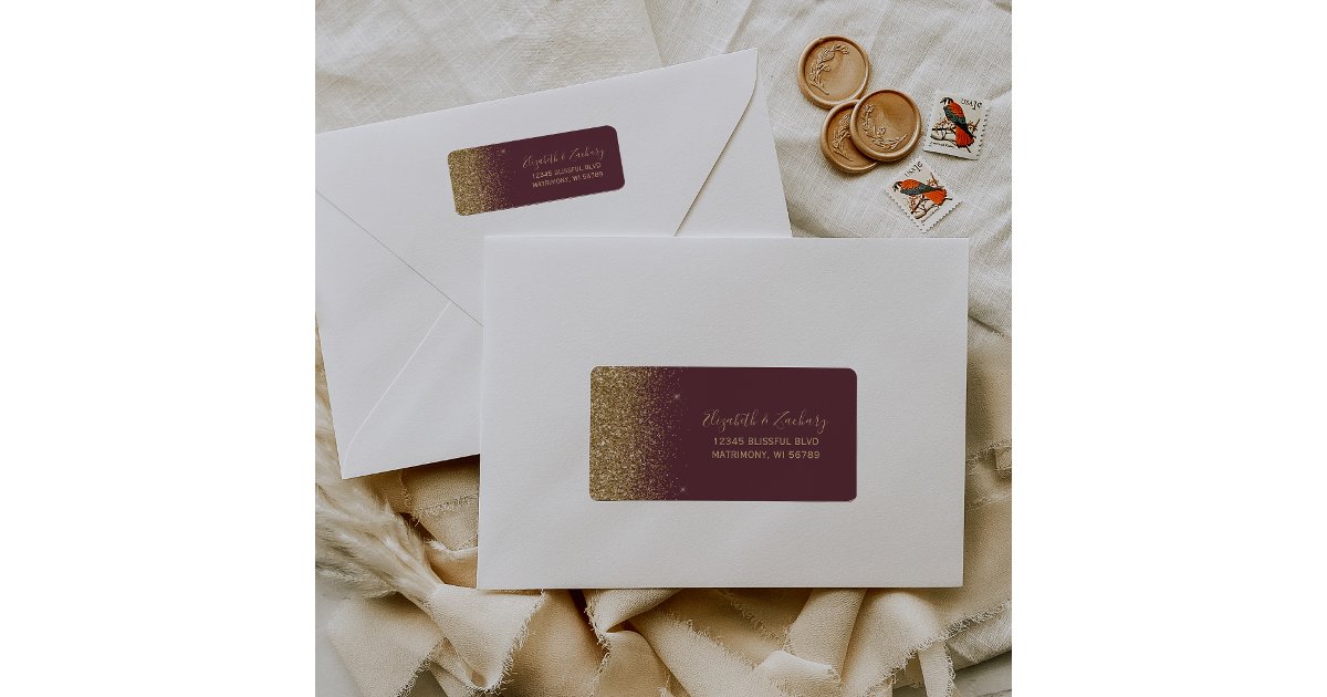 Dark Burgundy Gold Glitter Wedding Return Address Label | Zazzle
