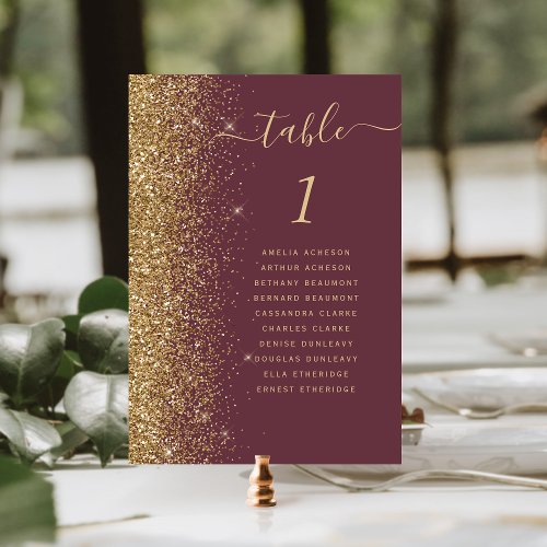 Dark Burgundy Gold Glitter Wedding Table Number