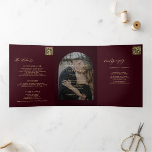 Dark burgundy gold photo wedding rsvp details Tri-Fold invitation