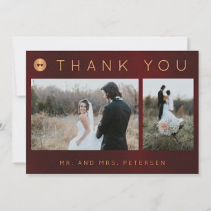 Dark burgundy gold winter wedding photo collage thank you card