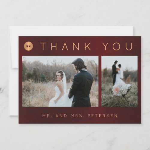 Dark burgundy gold winter wedding photo collage thank you card