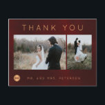 Dark burgundy gold winter wedding photo thank you postcard<br><div class="desc">Dark red burgundy antique velvet and gold copper simple modern typography making a classy glamorous new mr and mrs thank you wedding photo collage postcard with two little hearts inside a faux metallic circle on the front side and your handwritten like text on the back. Easy to personalize on both...</div>