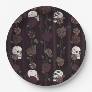 Dark Burgundy Gothic Skull & Rose Stripes Paper Plates