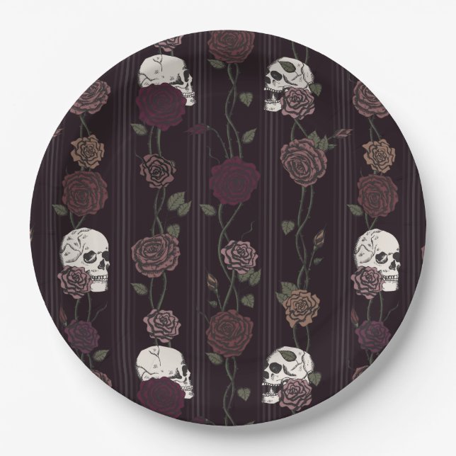 Dark Burgundy Gothic Skull & Rose Stripes Paper Plates (Front)