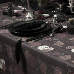 Dark Burgundy Gothic Skull & Rose Stripes Tablecloth