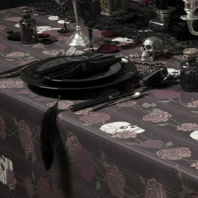 Dark Burgundy Gothic Skull & Rose Stripes Tablecloth (Gothic Darj Burgundy Moody Floral Tablecloth. Skull and Roses Pattern for Gothic Wedding & Halloween)