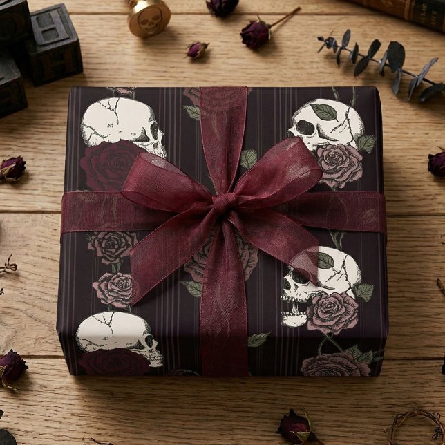 Dark Burgundy Gothic Skull & Rose Stripes Wrapping Paper (Dark whimsigoth aesthetic wrapping paper featuring hand-drawn skulls and roses for gothic wedding)