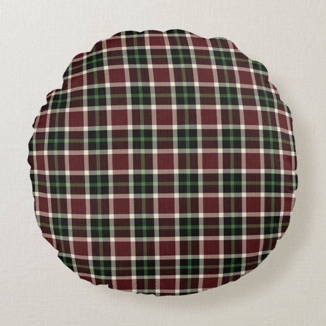 Dark Burgundy Green White Tartan Plaid Pattern Round Pillow (Front)