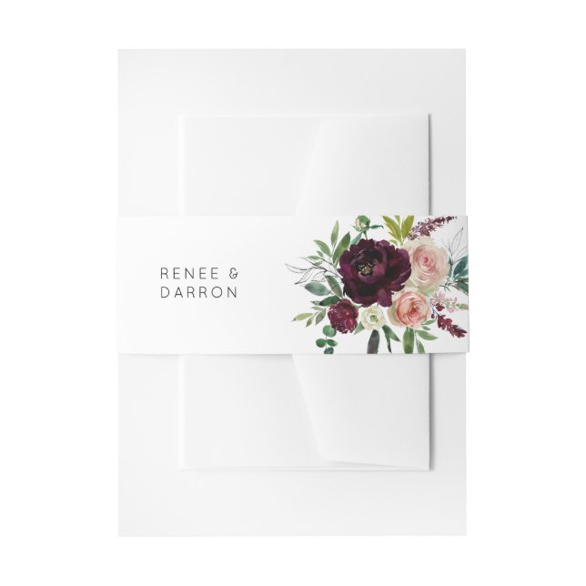 Dark Burgundy & Light Pink Blush Floral Invitation Belly Band (Front Example)