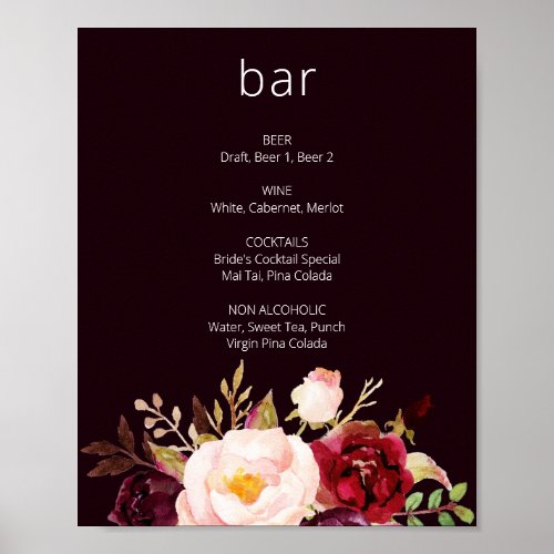Dark Burgundy Marsala Floral Bar Sign