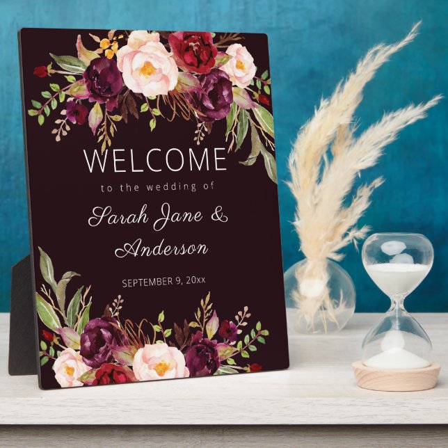 Dark Burgundy Marsala Floral Welcome Sign Plaque (Side)