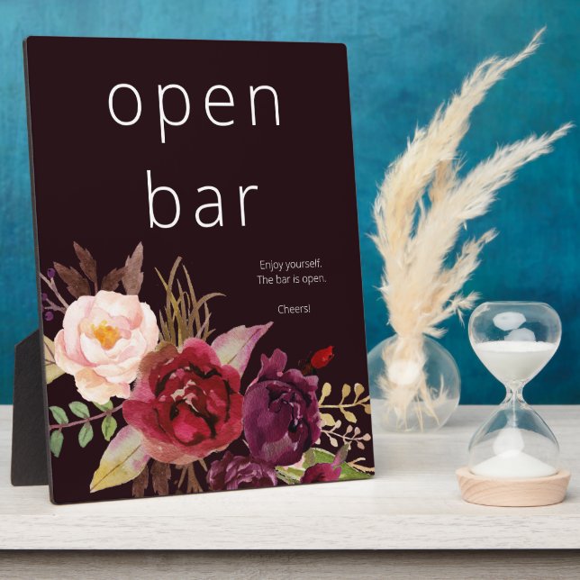 Dark Burgundy Marsala Pink Floral Open Bar Sign Plaque (Side)