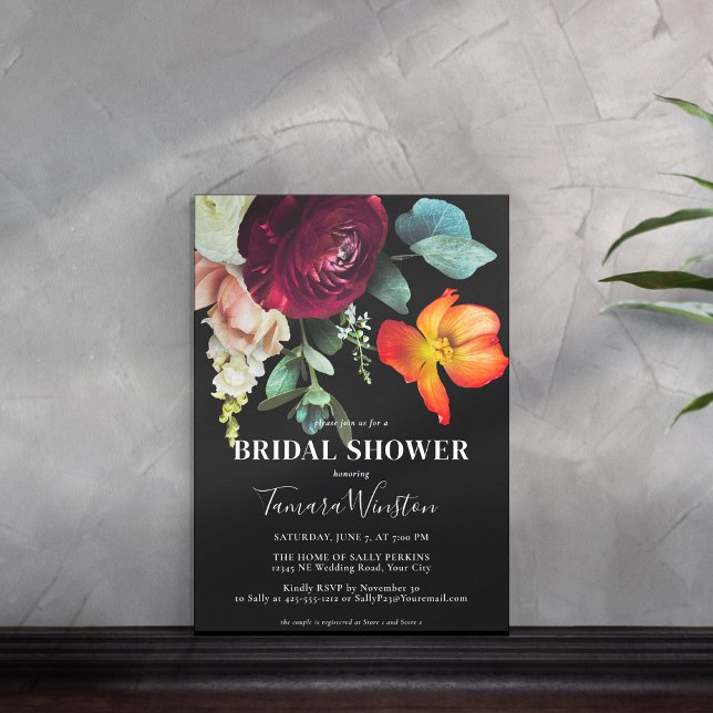 Dark Burgundy Orange Blush Floral Black Shower Invitation (Creator Uploaded)
