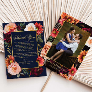 Dark Burgundy Orange Floral Navy Wedding Photo Thank You Card