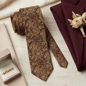 Dark Burgundy Red Gold Paisley Floral Art Pattern Tie