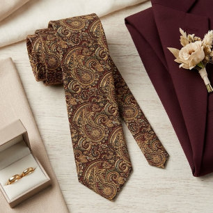 Dark Burgundy Red Gold Paisley Floral Art Pattern Tie