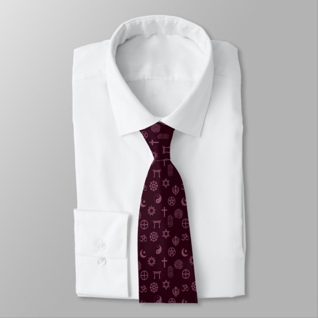 Dark Burgundy Red Interfaith Symbols Pattern Neck Tie (Tied)