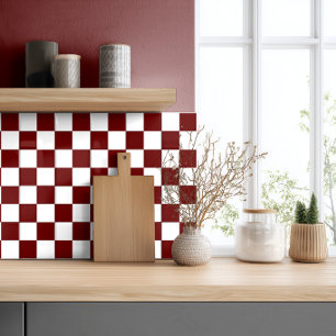 Dark Burgundy Red White Checkered Ceramic Tile