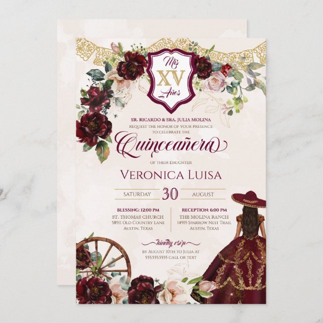 Dark Burgundy Rose Elegant Charro Quinceanera Invitation (Front/Back)