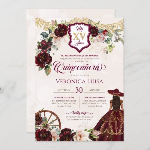 Dark Burgundy Rose Elegant Charro Quinceanera Invitation