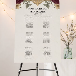 Dark Burgundy Rose Gold Botanical Wedding Seating Foam Board
