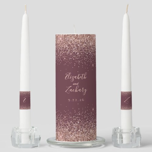 Dark Burgundy Rose Gold Faux Glitter Edge Unity Candle Set