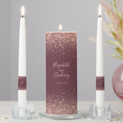 Dark Burgundy Rose Gold Faux Glitter Edge Unity Candle Set