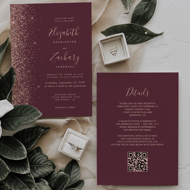 Dark Burgundy Rose Gold Glitter QR Code Wedding Invitation (Creator Uploaded)